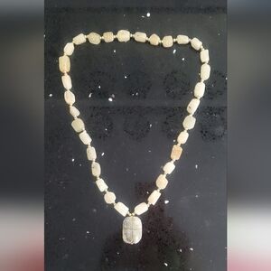 Vintage 70s Soapstone Carved Scarab Beaded Necklace Egyptian Revival Neutral